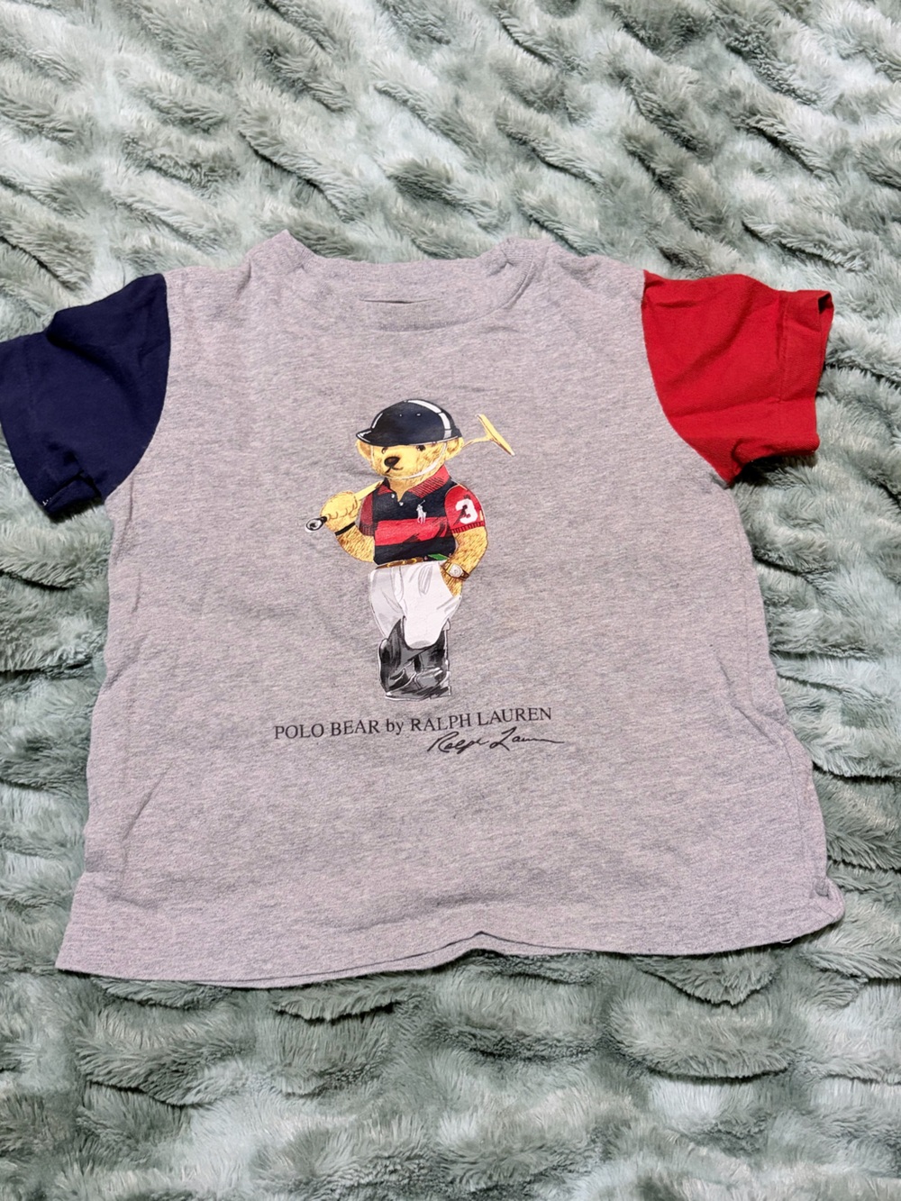 Polo by Ralph Lauren Gray Tee with Red Collar & Navy Sleeve - Polo Bear Graphic